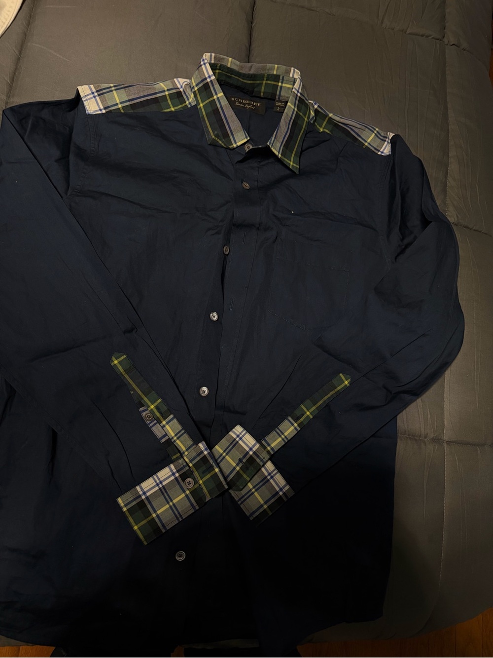 Burberry Navy Button-Down Shirt with Green Plaid Trim